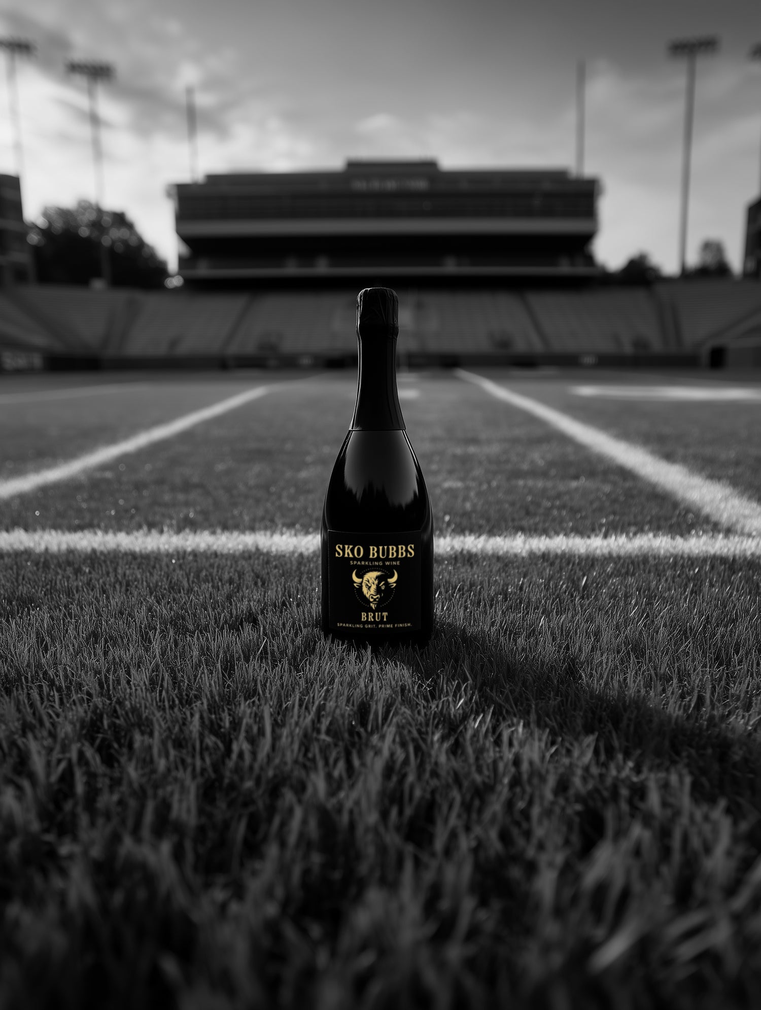 Bottle of Sko Bubbs on a football field with stadium lights in the background