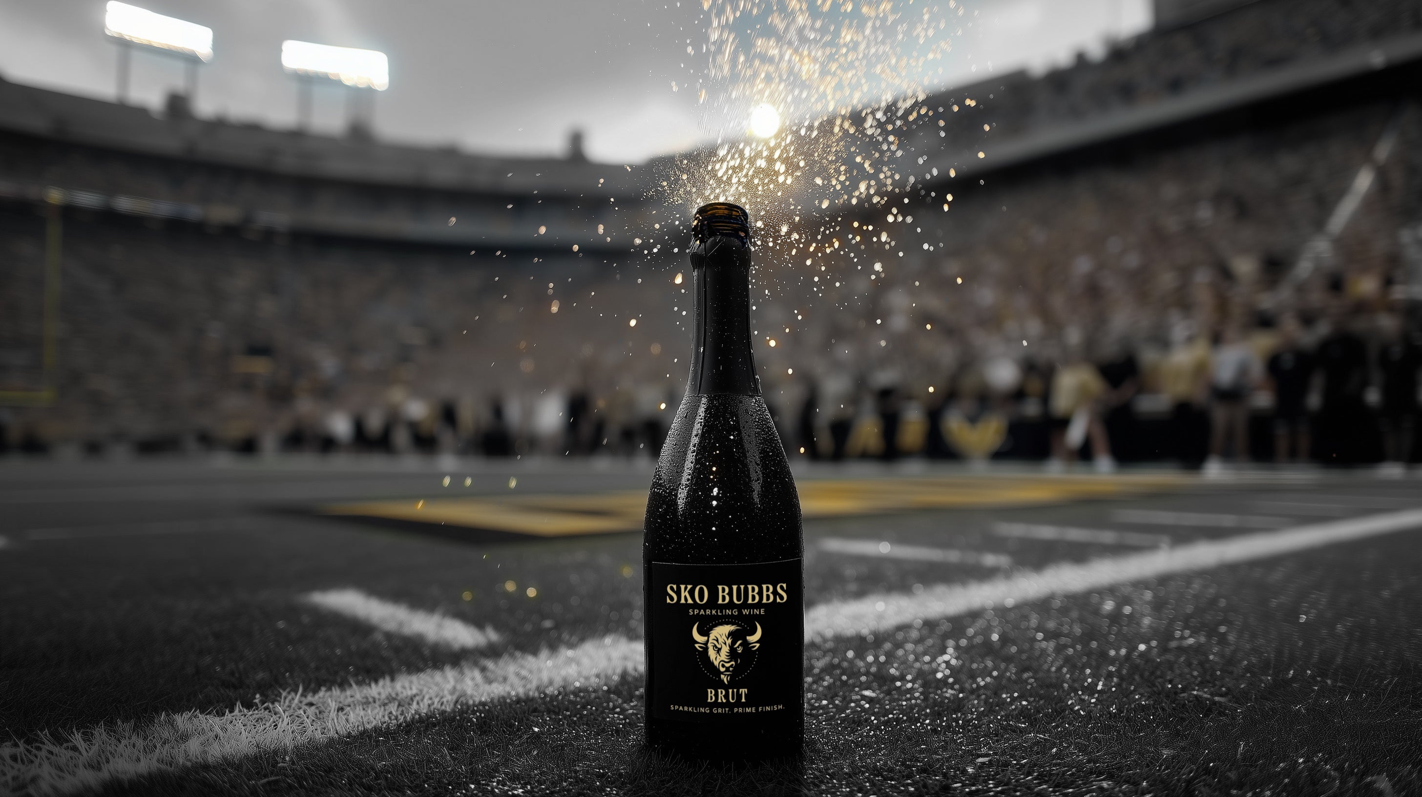 Bottle of Sko Bubbs on a football field with spectators in the background