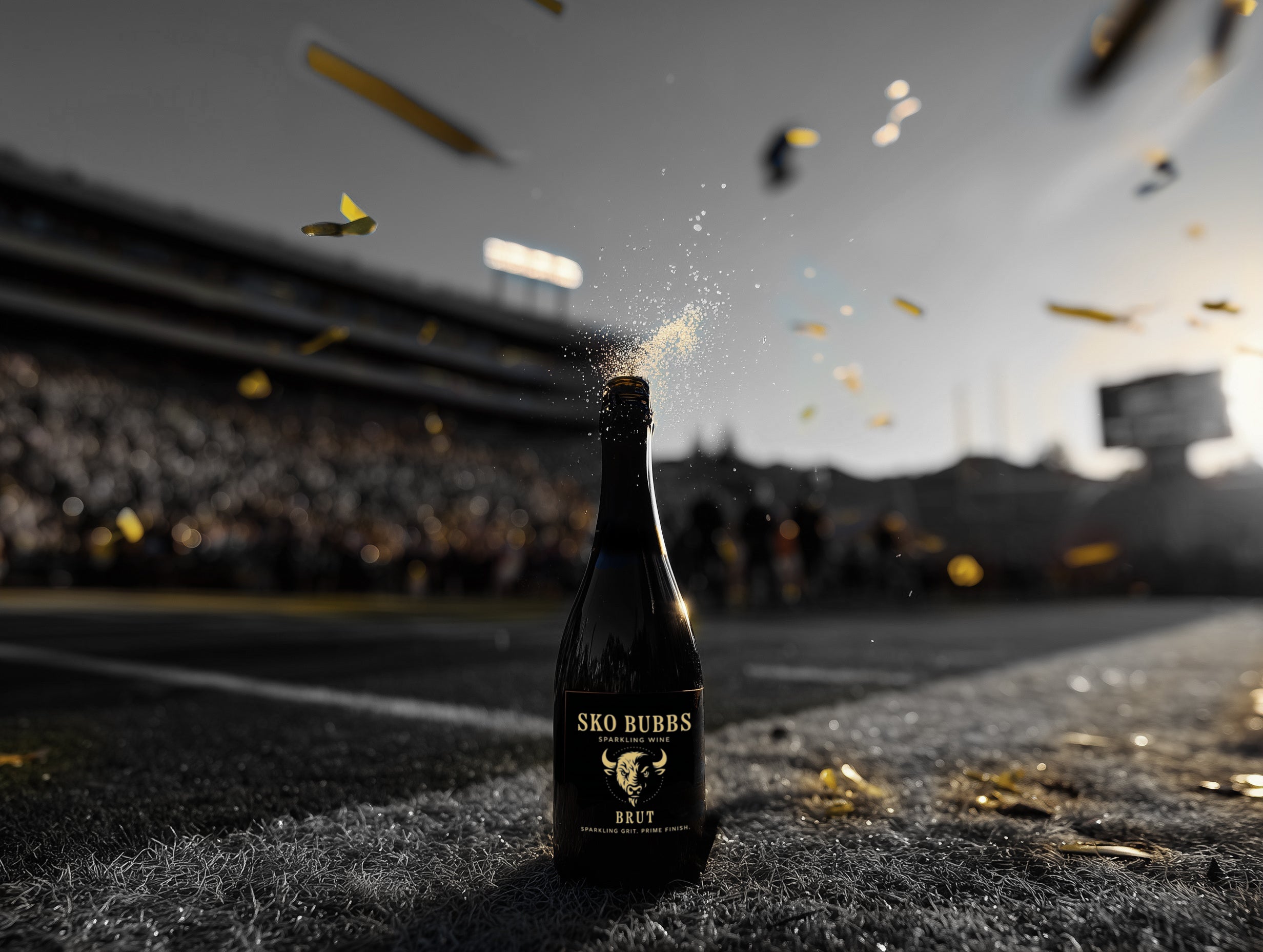 Bottle of SKO BUBBS sparkling wine with confetti in a stadium setting